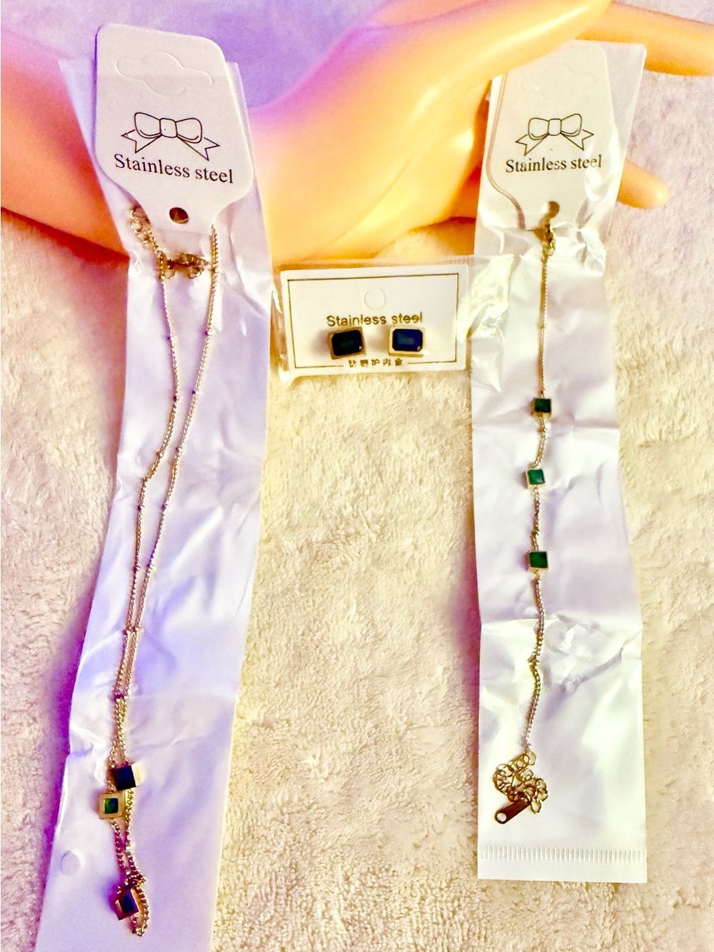 Gold Stainless Steel Necklace Set with Green Stone Accents